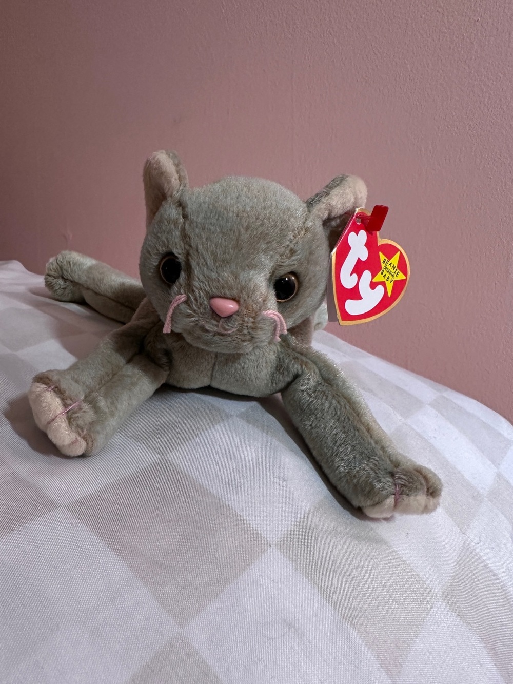 TY Vintage Scat The Cat Beanie Baby Gray Cat Plush with Pink Nose
